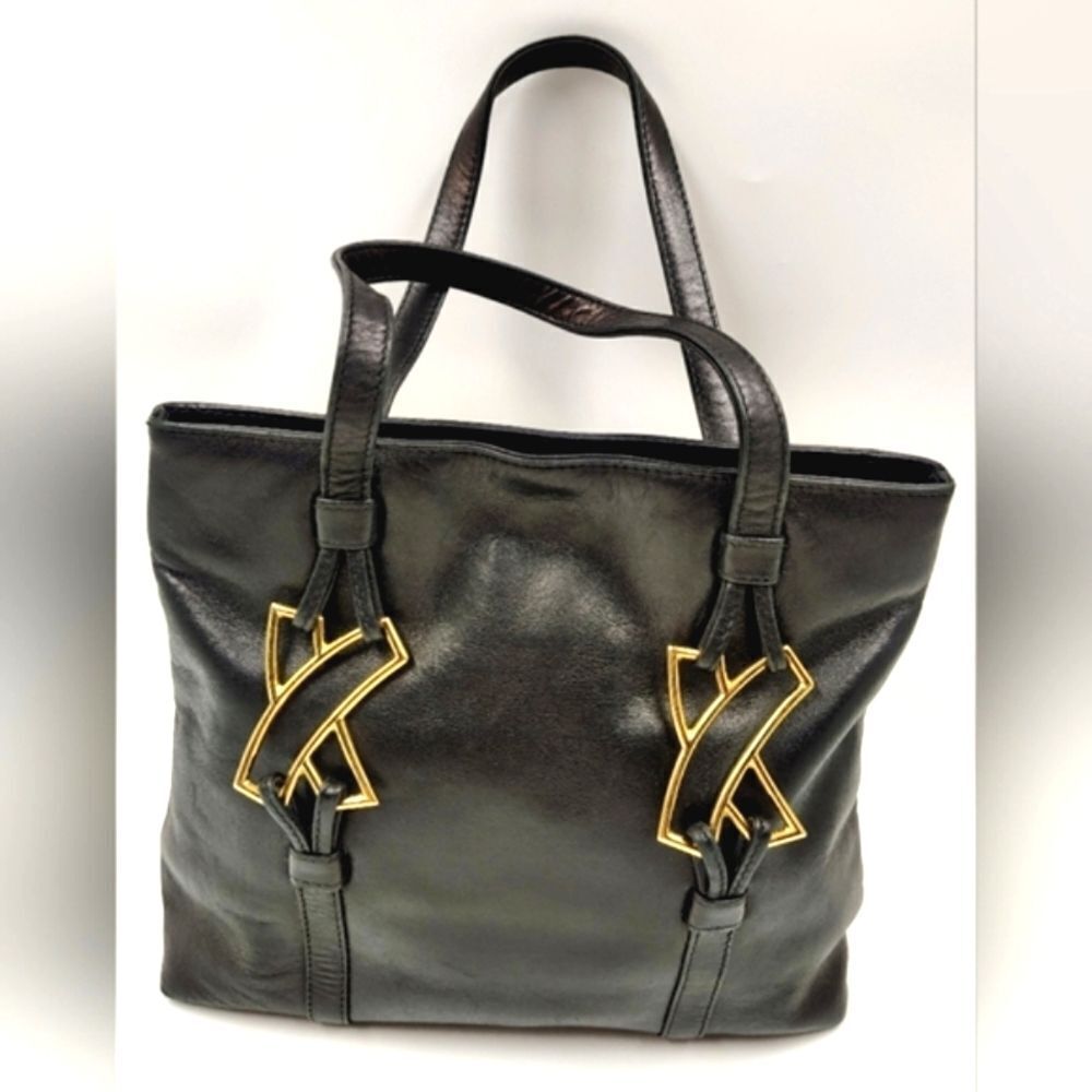 Paloma Picasso Vintage Black Leather Tote Bag Purse w/Gold Accents
